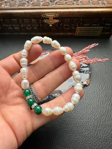 İnci ve Yeşil Akik Dizayn Doğal Taş Bileklik