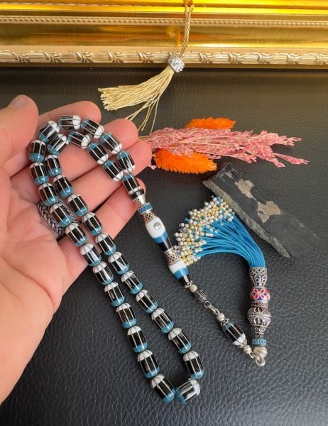 Kapsül Model Gümüş ve Katalin İşlemeli Erzurum Oltu Taşı Tesbih