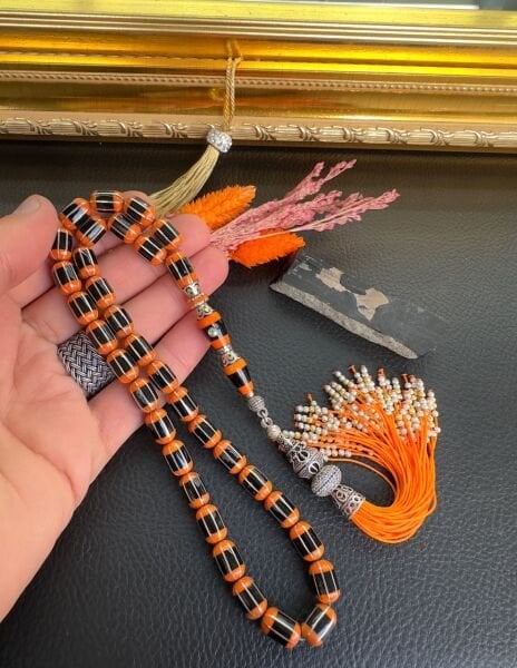 Kapsül Model Gümüş ve Katalin İşlemeli Erzurum Oltu Taşı Tesbih