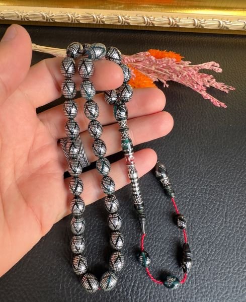 Beyzi Model Gümüş İşlemeli Ateş Kehribar Tesbih