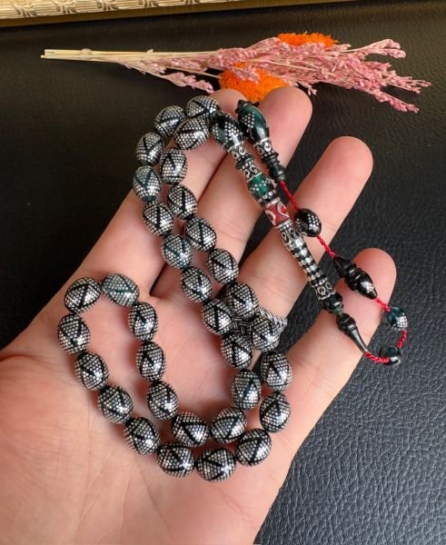 Beyzi Model Gümüş İşlemeli Ateş Kehribar Tesbih