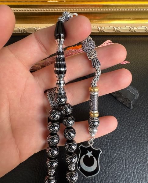 Küre Model Gümüş İşlemeli Erzurum Oltu Taşı Tesbih