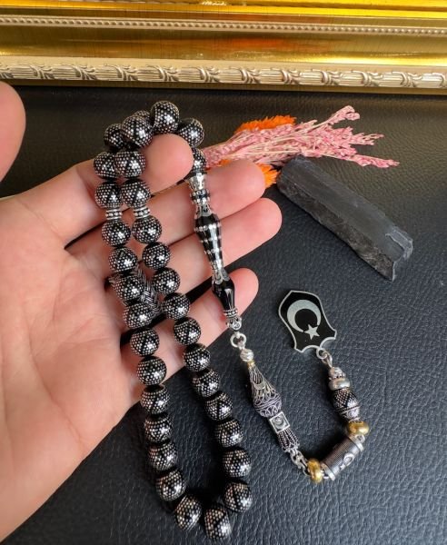 Küre Model Gümüş İşlemeli Erzurum Oltu Taşı Tesbih