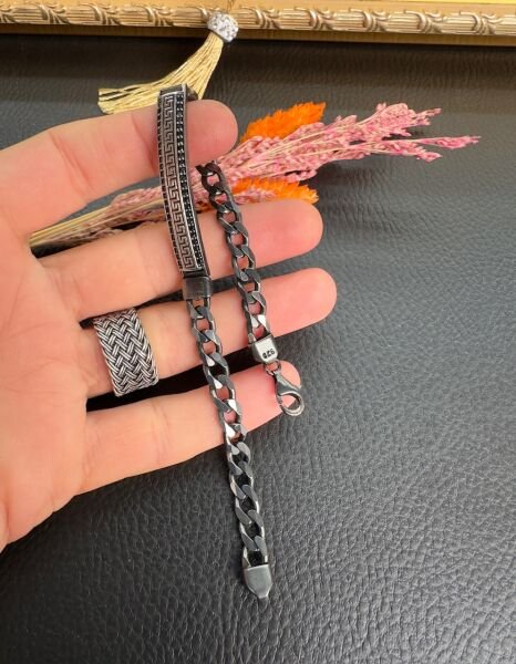 Özel Tasarım Swarovski Taşlı Rodajlı Erkek Gümüş Bileklik