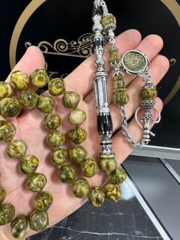 Armudi Model Yeşil Renk Hareli Nakkaş İmameli Cevşenli Yeni Katalin Tesbih