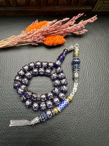 Basık Model Gümüş İşlemeli Ateş Kehribar Tesbih