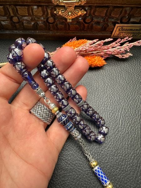 Basık Model Gümüş İşlemeli Ateş Kehribar Tesbih