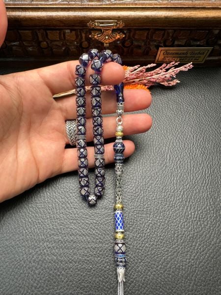 Basık Model Gümüş İşlemeli Ateş Kehribar Tesbih