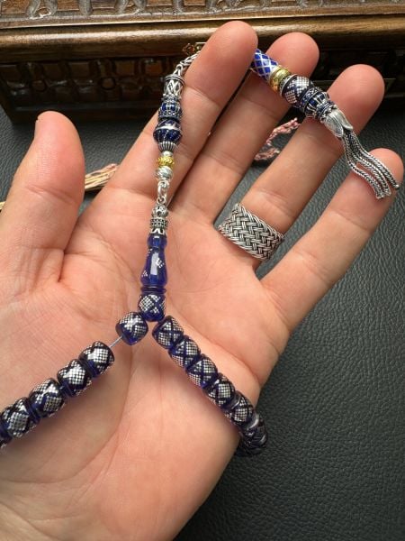 Basık Model Gümüş İşlemeli Ateş Kehribar Tesbih