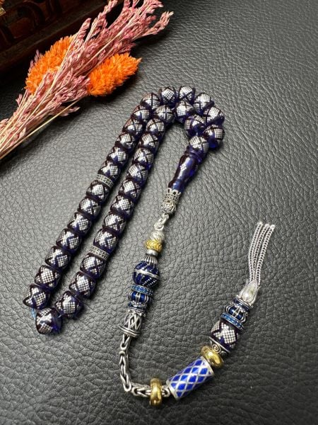 Basık Model Gümüş İşlemeli Ateş Kehribar Tesbih