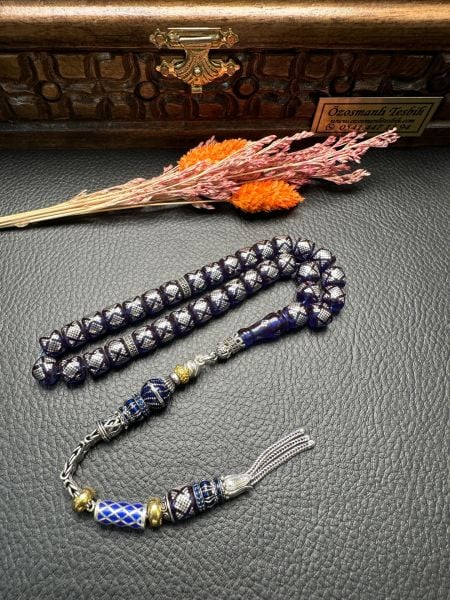 Basık Model Gümüş İşlemeli Ateş Kehribar Tesbih