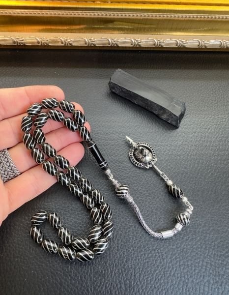 Kapsül Model Gümüş İşlemeli Erzurum Oltu Taşı Tesbih