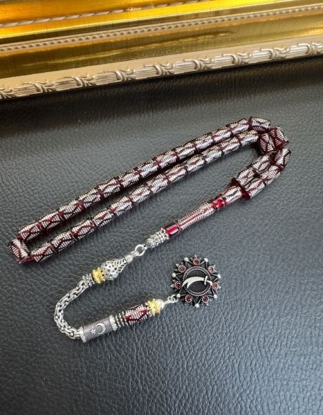 Kesme Model Kırmızı Renk İşlemeli Ateş Kehribar Tesbih