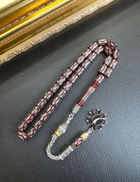 Kesme Model Kırmızı Renk İşlemeli Ateş Kehribar Tesbih