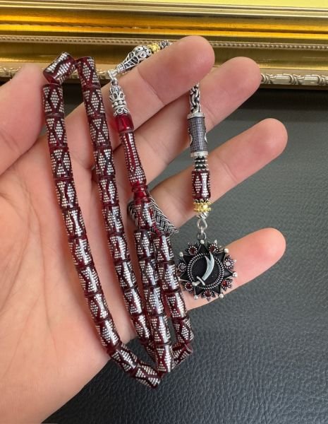 Kesme Model Kırmızı Renk İşlemeli Ateş Kehribar Tesbih