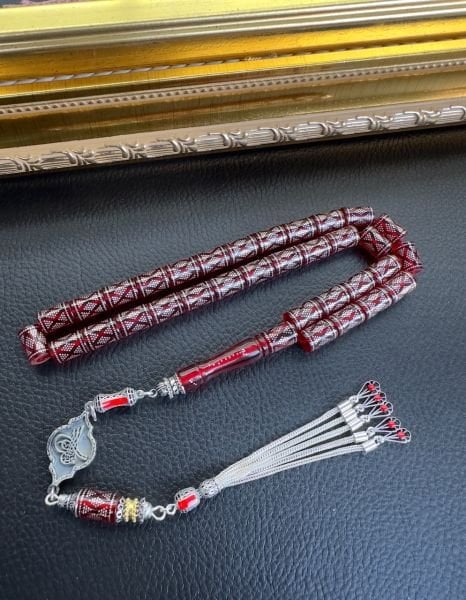 Kesme Model İşlemeli Ateş Kehribar Tesbih