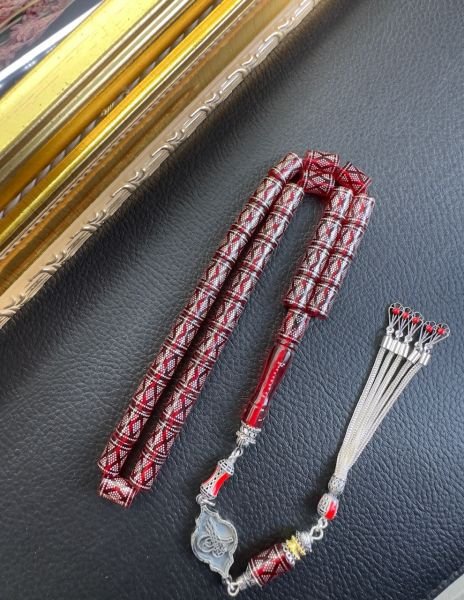 Kesme Model İşlemeli Ateş Kehribar Tesbih