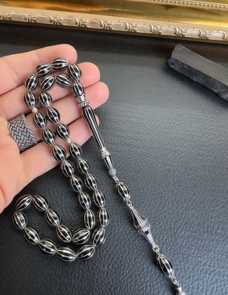 Beyzi Model Gümüş Yarma  İşlemeli Erzurum Oltu Taşı Tesbih