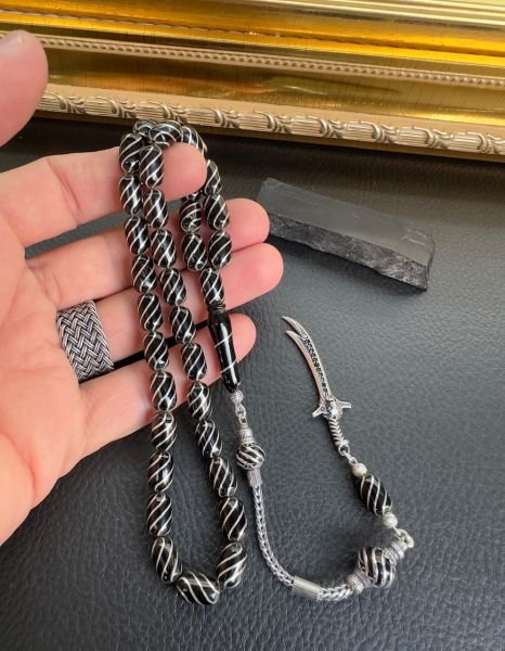 Kapsül Model Gümüş İşlemeli Erzurum Oltu Taşı Tesbih