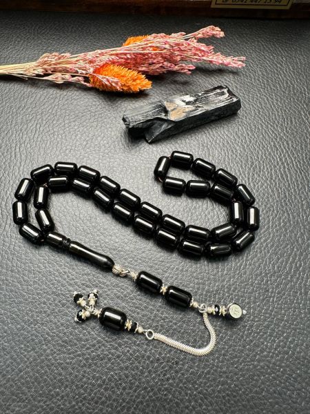 Kapsül Model Gümüş İşlemeli Erzurum Oltu Taşı Tesbih