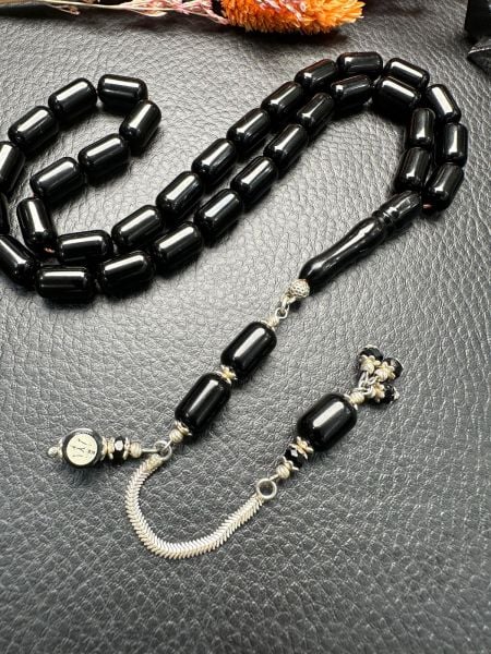 Kapsül Model Gümüş İşlemeli Erzurum Oltu Taşı Tesbih