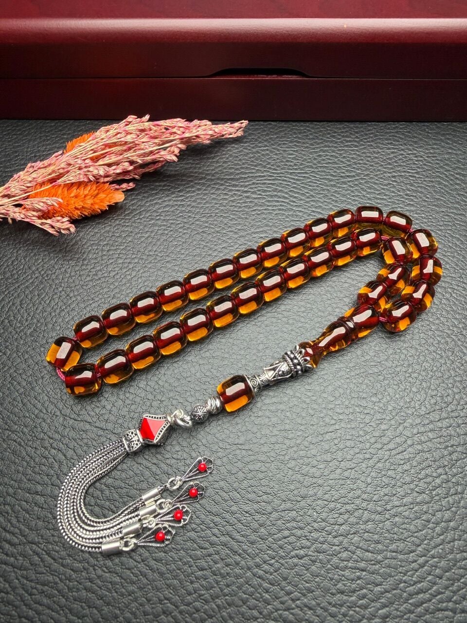 Basık Model Ateş Çubuk Sıkma Kehribar Tesbih