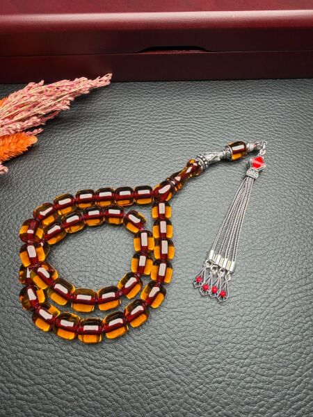 Basık Model Ateş Çubuk Sıkma Kehribar Tesbih