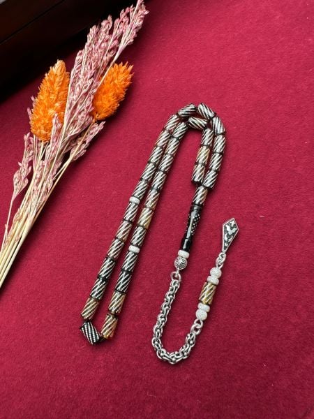 Kesme Model Gümüş İşlemeli Ateş Kehribar Tesbih