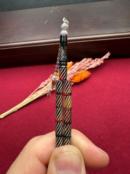 Kesme Model Gümüş İşlemeli Ateş Kehribar Tesbih