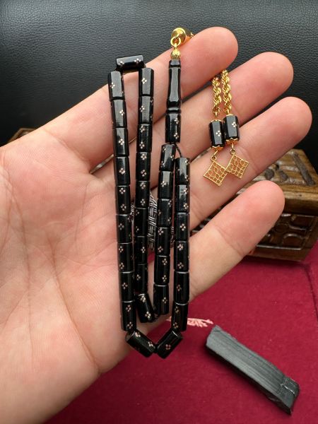 Kesme Model Altın İşlemeli Altın Püsküllü Erzurum Oltu Taşı Tesbih