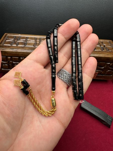 Kesme Model Altın İşlemeli Altın Püsküllü Erzurum Oltu Taşı Tesbih