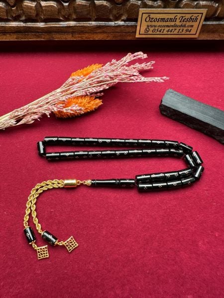 Kesme Model Altın İşlemeli Altın Püsküllü Erzurum Oltu Taşı Tesbih