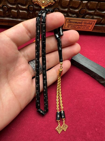 Kesme Model Altın İşlemeli Altın Püsküllü Erzurum Oltu Taşı Tesbih