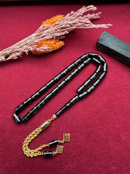 Kesme Model Altın İşlemeli Altın Püsküllü Erzurum Oltu Taşı Tesbih