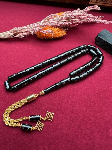 Kesme Model Altın İşlemeli Altın Püsküllü Erzurum Oltu Taşı Tesbih