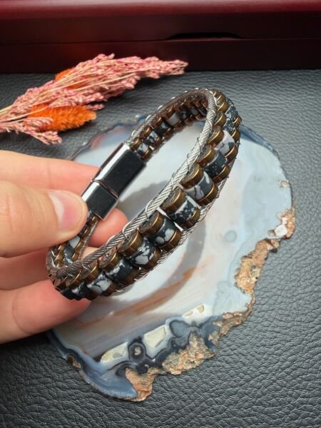 Obsidyen Doğal Taş Bileklik Hematit Dizayn