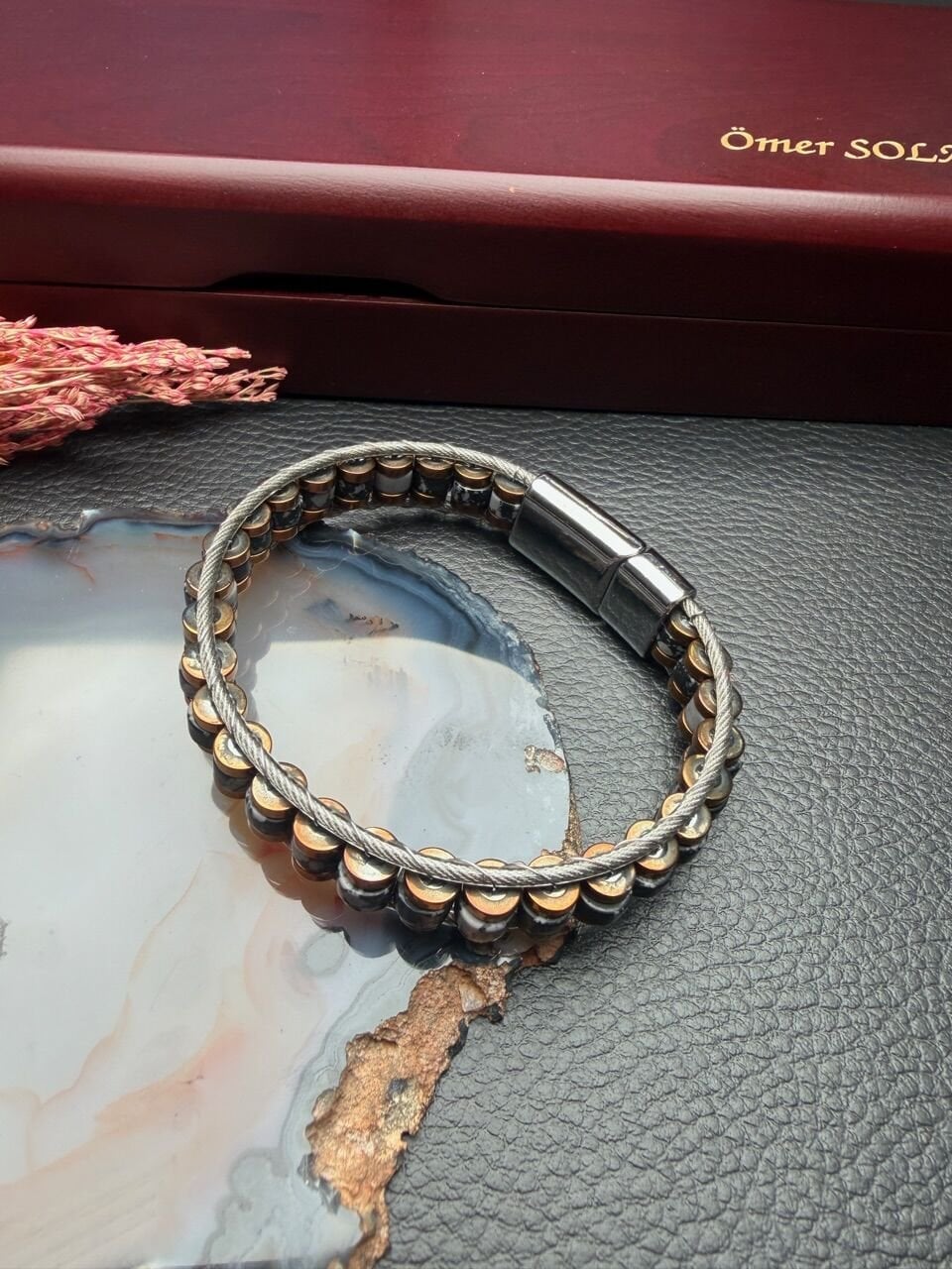 Obsidyen Doğal Taş Bileklik Hematit Dizayn