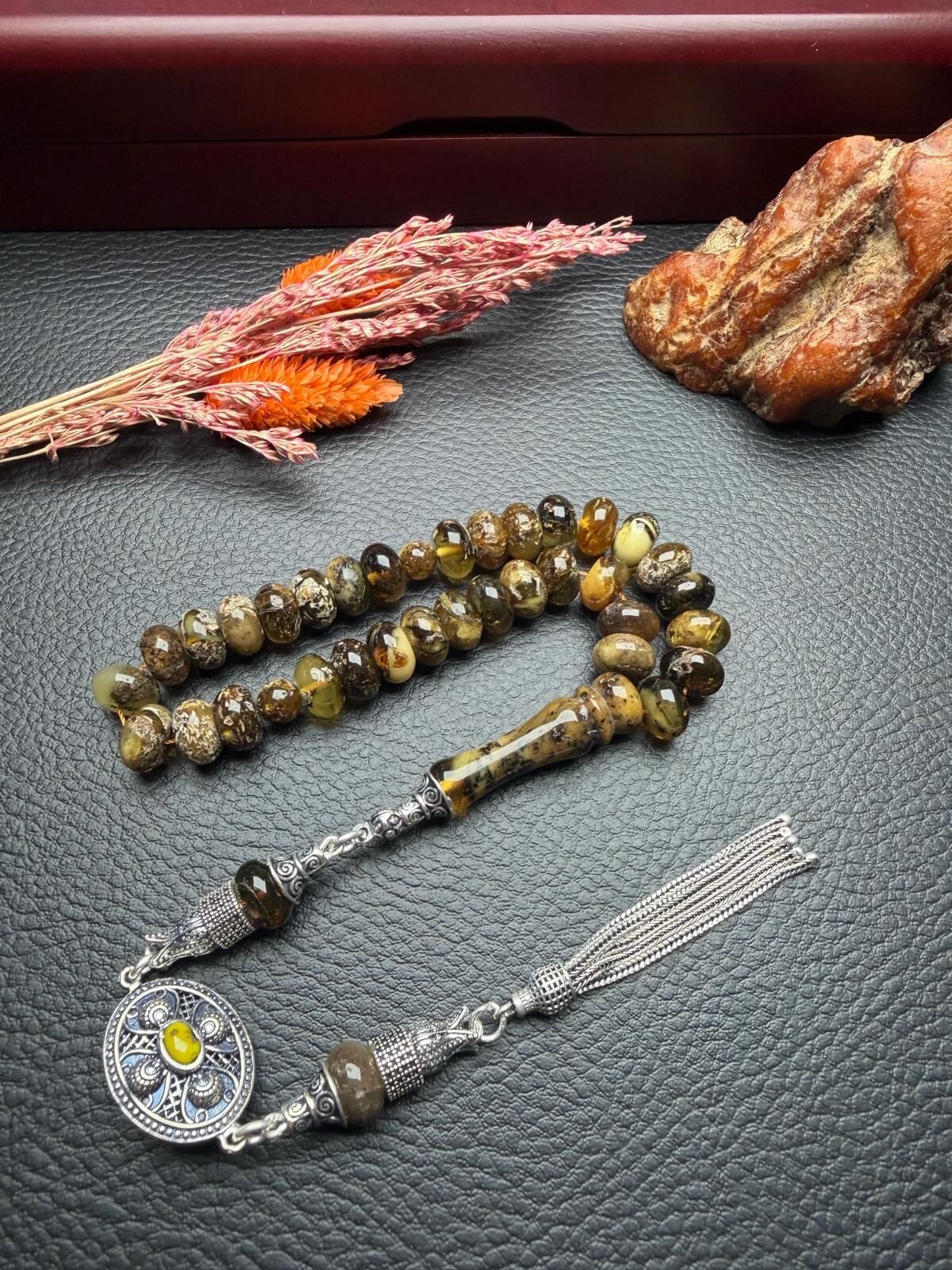 Toprak Fosilli Rus Kaya Damla Kehribar Tesbih