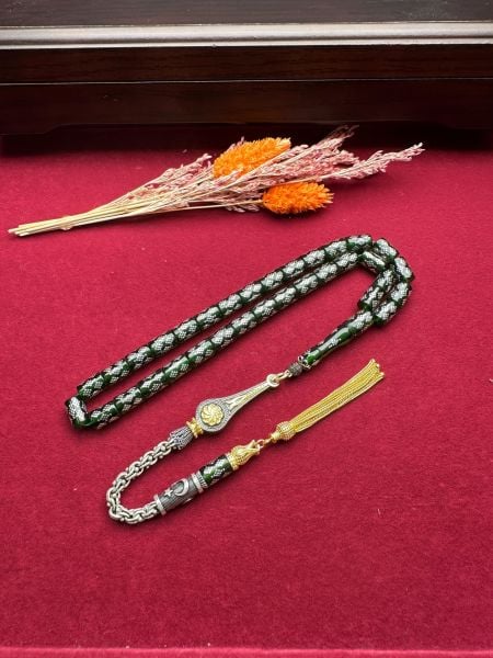 Kesme Model Gümüş İşlemeli Ateş Kehribar Tesbih