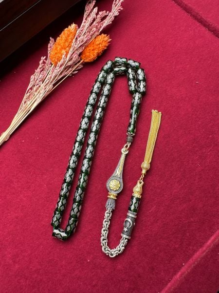 Kesme Model Gümüş İşlemeli Ateş Kehribar Tesbih