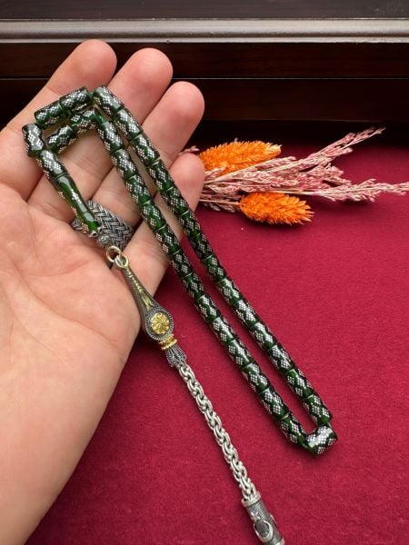 Kesme Model Gümüş İşlemeli Ateş Kehribar Tesbih