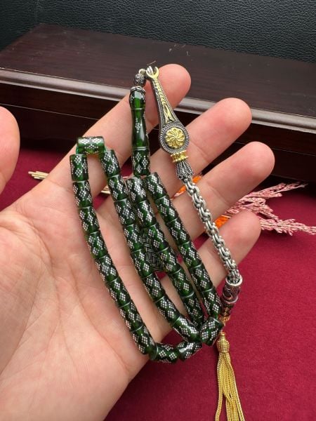 Kesme Model Gümüş İşlemeli Ateş Kehribar Tesbih