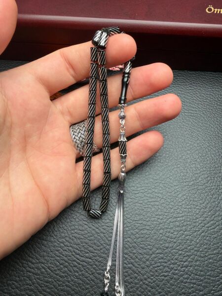 Kesme Model Gümüş İşlemeli Ateş Kehribar Tesbih