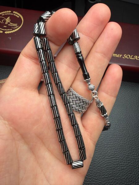 Kesme Model Gümüş İşlemeli Ateş Kehribar Tesbih