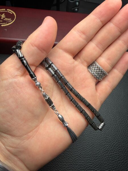 Kesme Model Gümüş İşlemeli Ateş Kehribar Tesbih