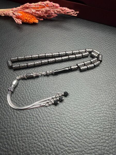 Kesme Model Gümüş İşlemeli Ateş Kehribar Tesbih