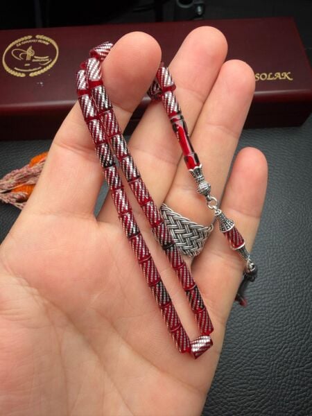 Kesme Model Gümüş İşlemeli Ateş Kehribar Tesbih