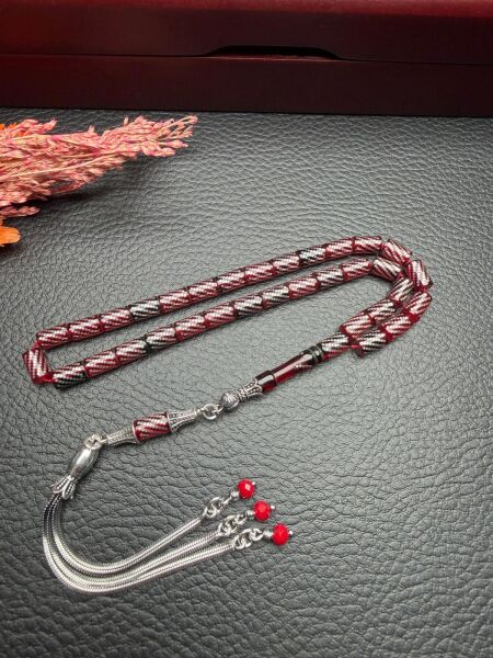 Kesme Model Gümüş İşlemeli Ateş Kehribar Tesbih
