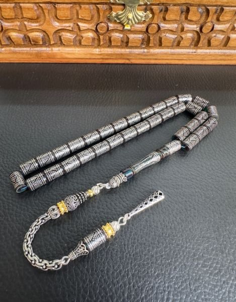 Kesme Model Mavi Renk Gümüş İşlemeli Ateş Kehribar Tesbih