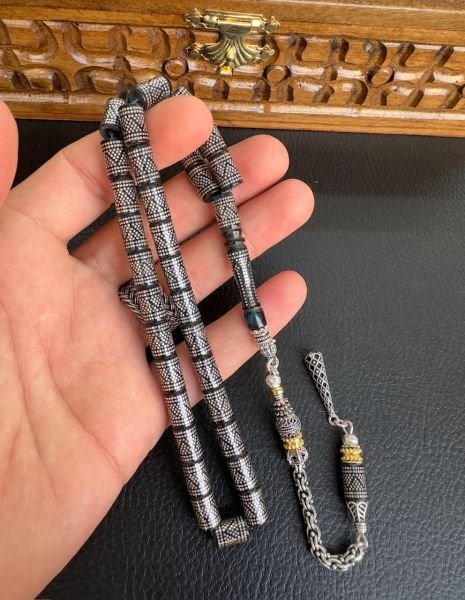 Kesme Model Mavi Renk Gümüş İşlemeli Ateş Kehribar Tesbih